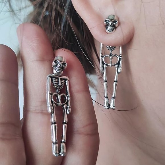 Silver Dangling Skeleton Earrings Skulls Bones Gothic Skeletons Goth Skull Studs - Picture 10 of 12
